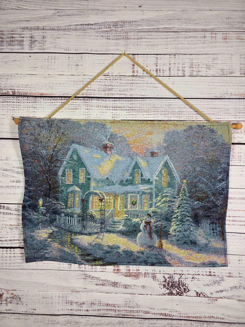 Lighted Christmas Winter Cottage Tapestry Wall Hanging Snow House LED Decor